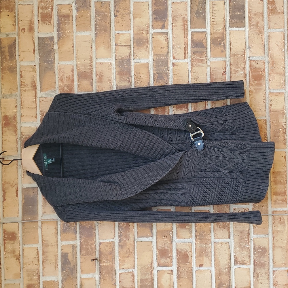 Lauren Ralph Lauren Gray Green Cardigan Buckle Shawl Collar Rib Trim, Size Small